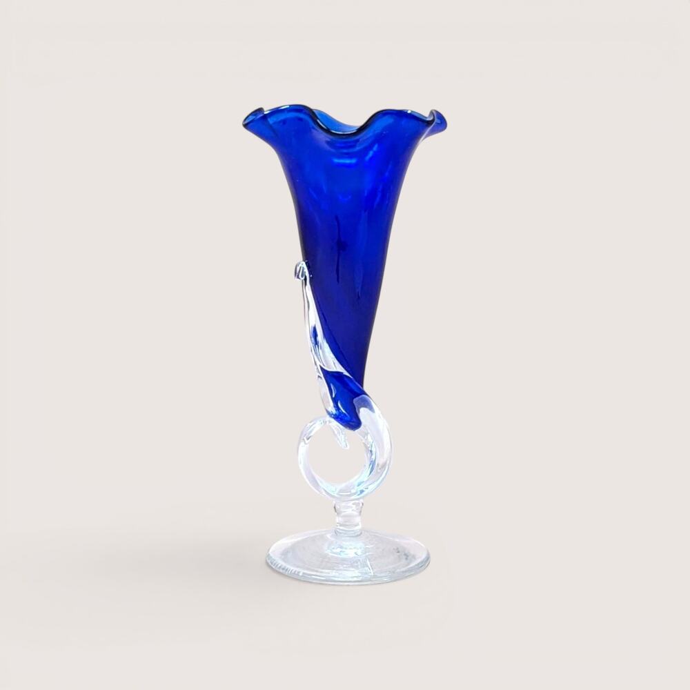 1980s Dan Dechard Signed Studio Art Glass Vase Cobalt Blue Trumpet